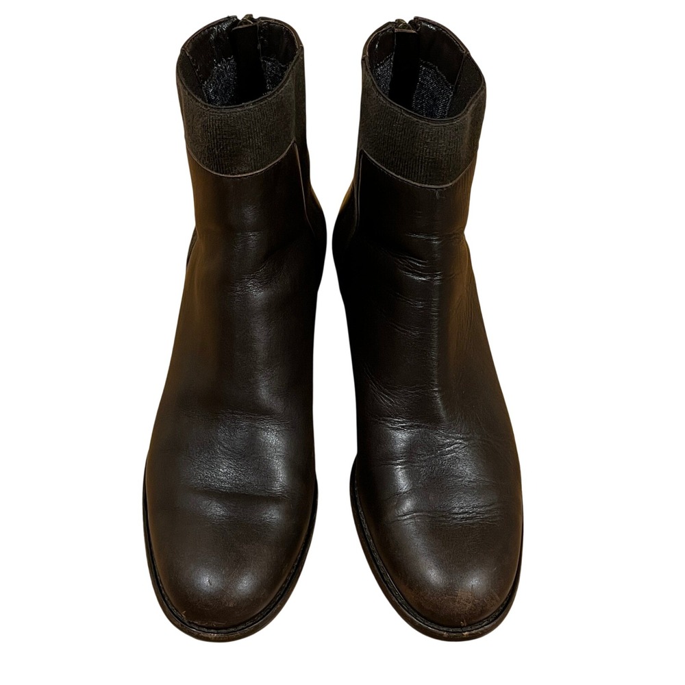 Aquatalia Brown Leather Ankle Chelsea Boots Block Heel Back Zip 8.5 Quiet Luxury
